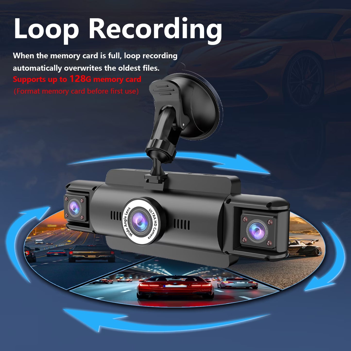 4 Channel Dash Cam,4K 360 Full View Front Rear Left Right Car Camera, 2.4Ghz Wifi App, Night Vision, G-Sensor, Loop Recording, 64GB Card