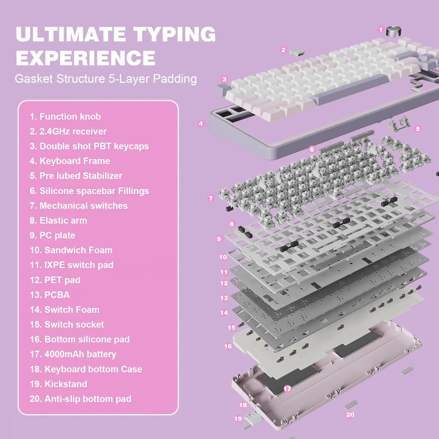 YUNZII B75 PRO Purple Wireless RGB Mechanical Keyboard, 75% Gaming Keyboard Gasket Hot Swap Custom Keyboard with Knob, Pre-Lubed Switches RGB, Bluetooth/Type-C/2.4G Creamy Keyboard