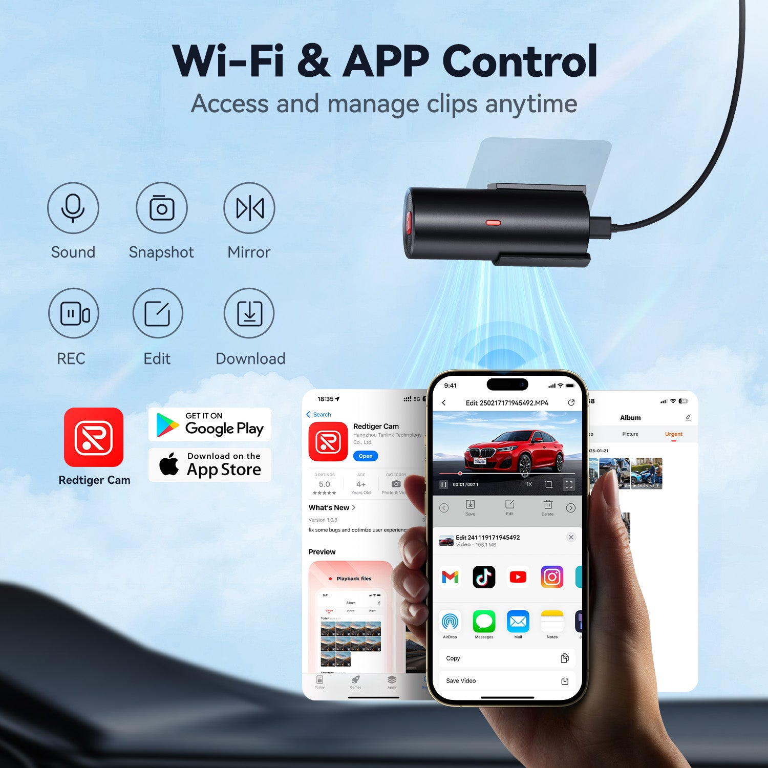 4K Dash Cam with Wifi & APP Control, Compact Mini Car Camera,Super Night Vision, G-Sensor, 24H Parking Mode, Loop Recording
