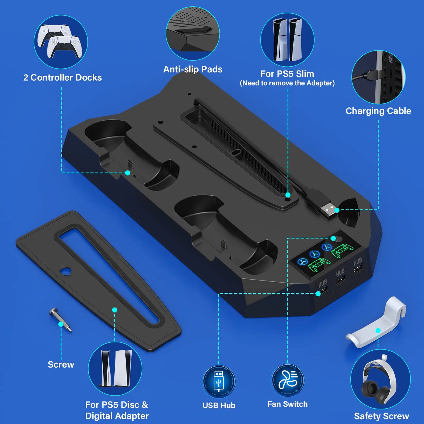 Cooling Station for Ps5/Slim Disc Digital Console,Ps5 Cooling Fan with Dual PS5 Controller Charger,3 Level Fan,For Playstation 5 Console Accessories White