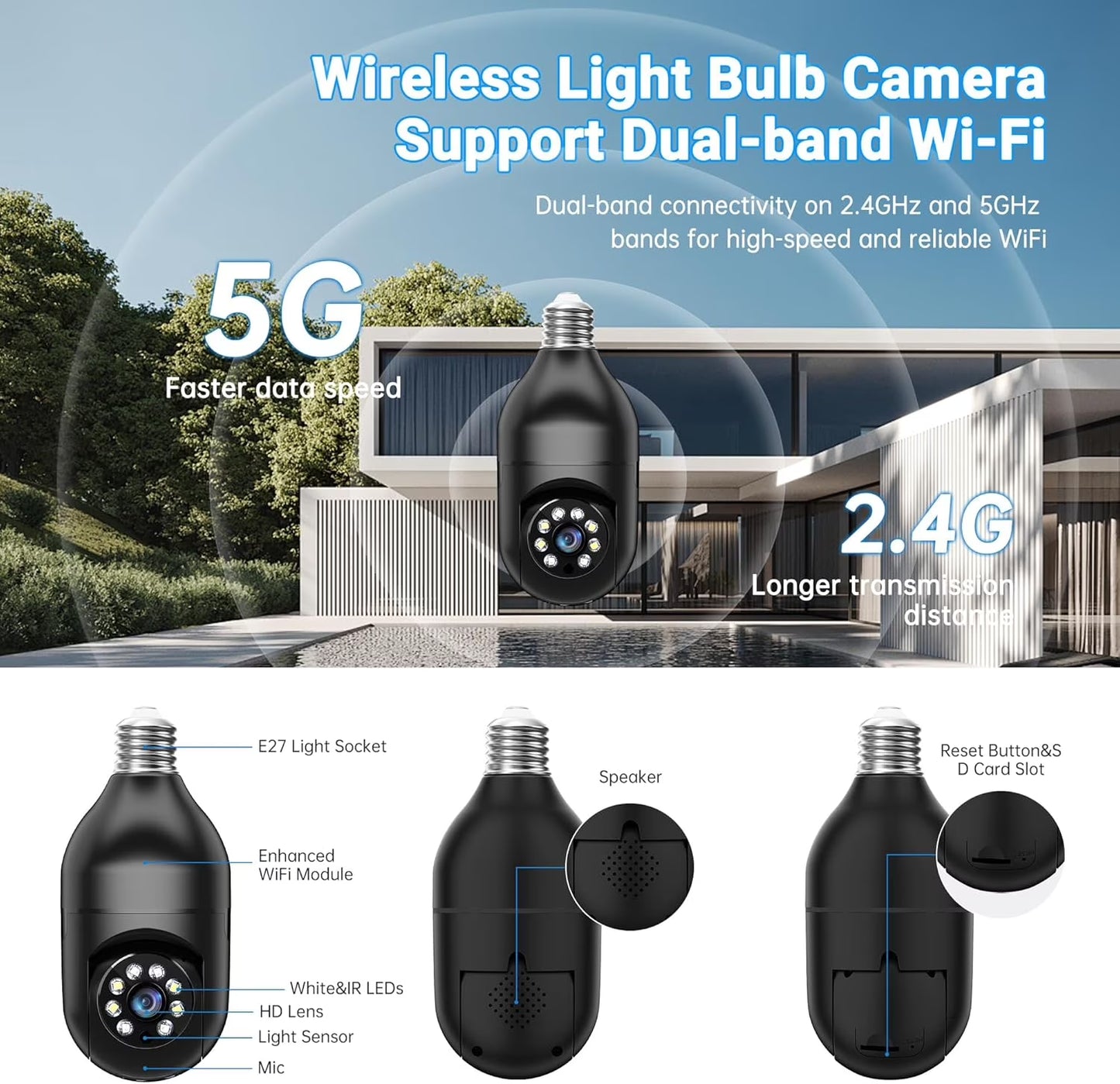 Light Bulb Security Camera -5G& 2.4Ghz Wifi 2K Security Cameras, Wireless Outdoor Motion Detection and Alarm, Two-Way Talk, Color Night Vision, Human Detection