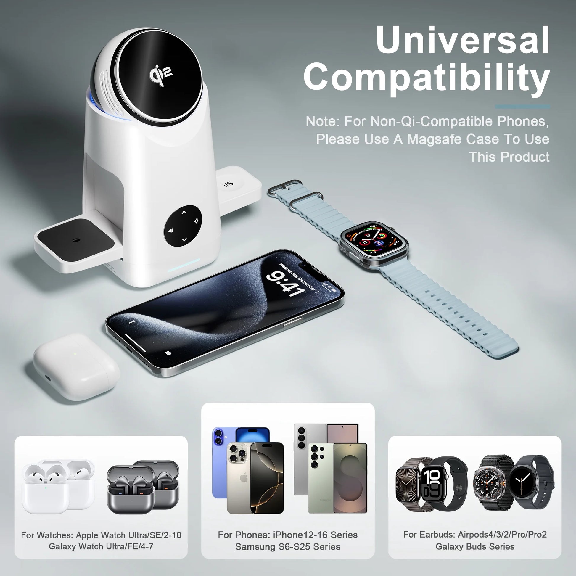Foldable Qi2 15W Wireless Charger,3 in 1 Charging Station Compatible with Magsafe for Iphone12-16 Series & Samsung S6-S25 Series,Airpods4/3/2/Pro/Pro2 & Galaxy Buds Series,Apple Watch Ultra/Se