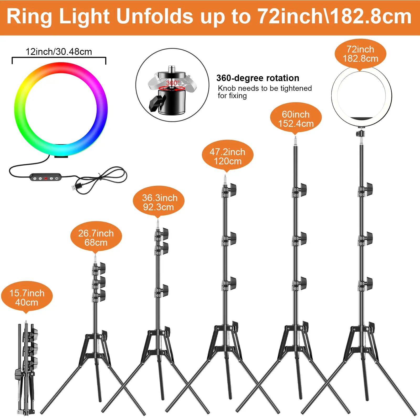12" Ring Light with with 73" Tripod Stand and Phone Holder Kit,Full-Screen Zoom Lighting for Video Recording, Makeup, Live Stream, Dimmable LED Selfie Ring Light Tripod for Iphone with Remote