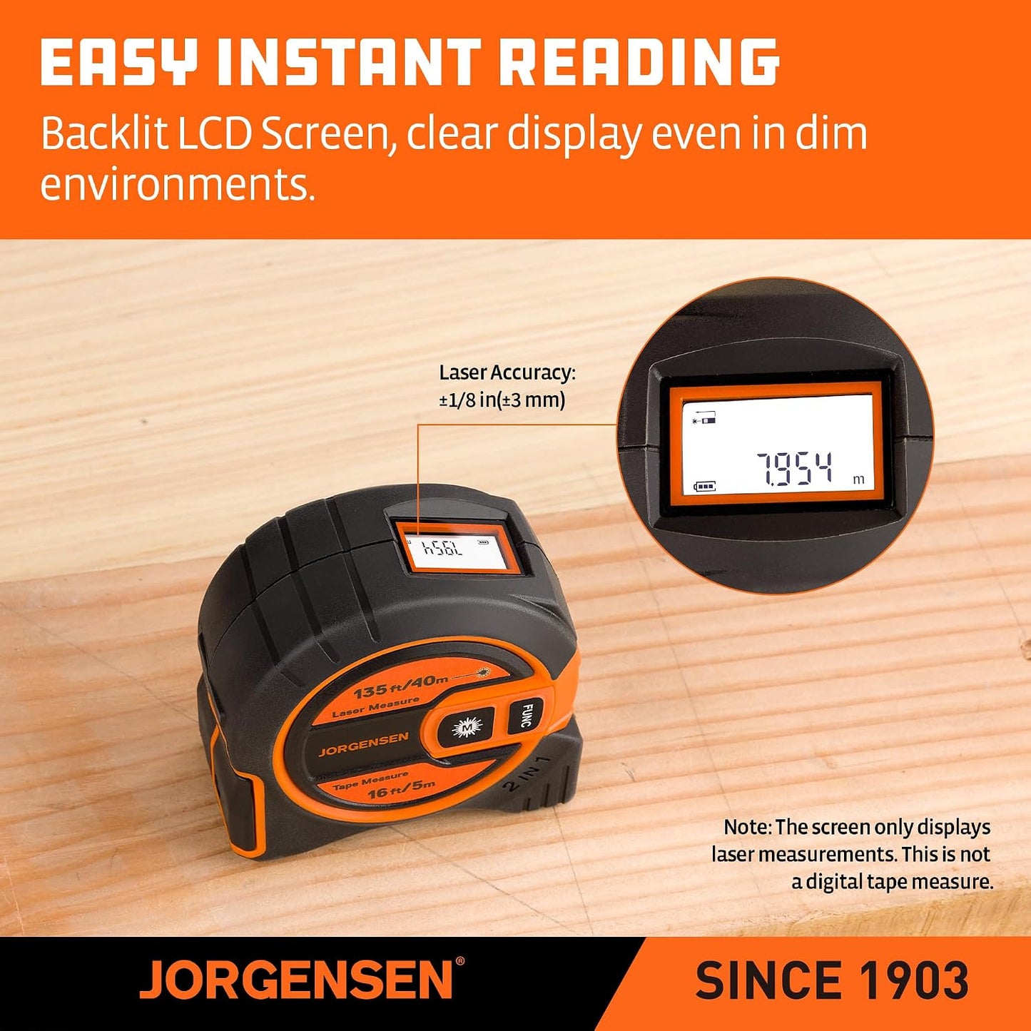 2-In-1 Laser Tape Measure, 135Ft Measuring Laser &16Ft Tape | 16 Ft Tape + 135 Ft Laser;2-In-1 Measurement;Backlit LCD Display;6 Measurement Modes;Magnetic Hook Design