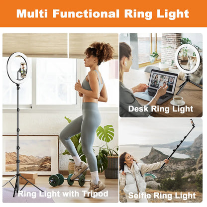 12" Ring Light with with 73" Tripod Stand and Phone Holder Kit,Full-Screen Zoom Lighting for Video Recording, Makeup, Live Stream, Dimmable LED Selfie Ring Light Tripod for Iphone with Remote