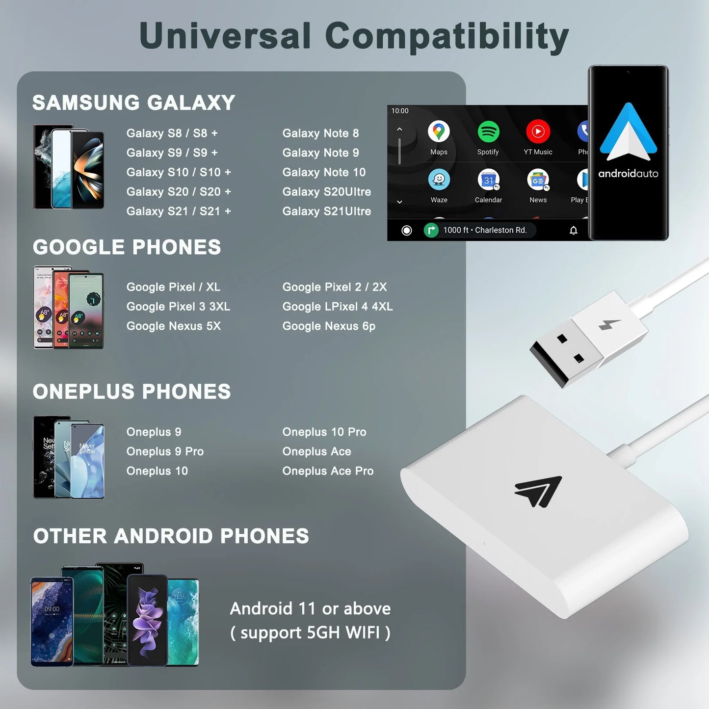 Android Auto Wireless Adapter Plug and Play Car Dongle for Factory Wired Android Auto in All Cars - Low Latency and Easy to Install