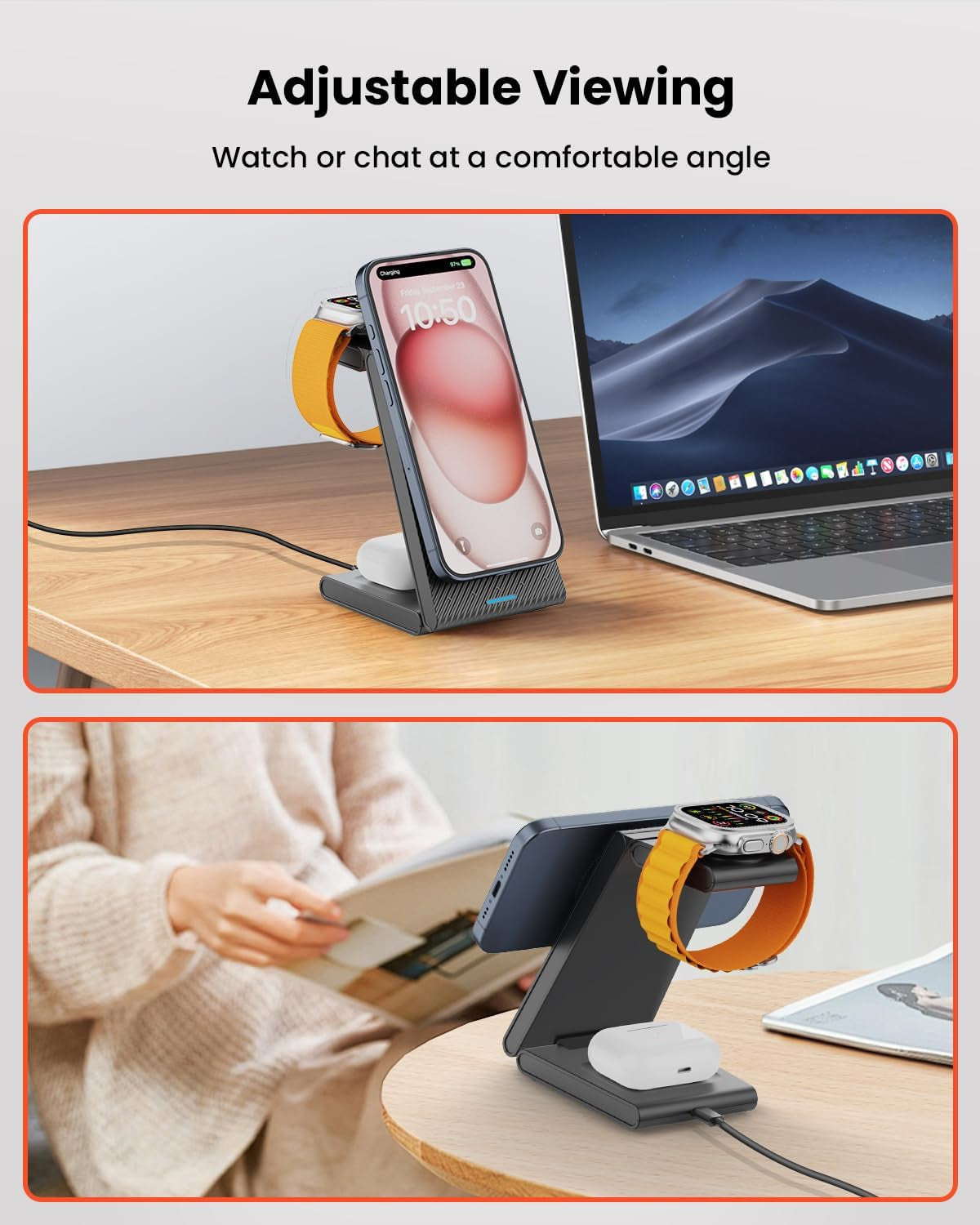 3 in 1 Wireless Charging Station for Magsafe, Foldable Magnetic Wireless Charger Stand for Multiple Devices, Wireless Charger for Iphone 17 16-12 Series, Apple Watch 11-2, Airpods 4/3/2/Pro