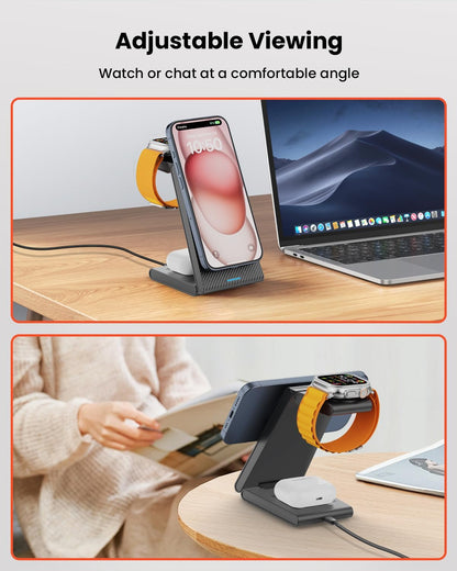 3 in 1 Wireless Charging Station for Magsafe, Foldable Magnetic Wireless Charger Stand for Multiple Devices, Wireless Charger for Iphone 17 16-12 Series, Apple Watch 11-2, Airpods 4/3/2/Pro