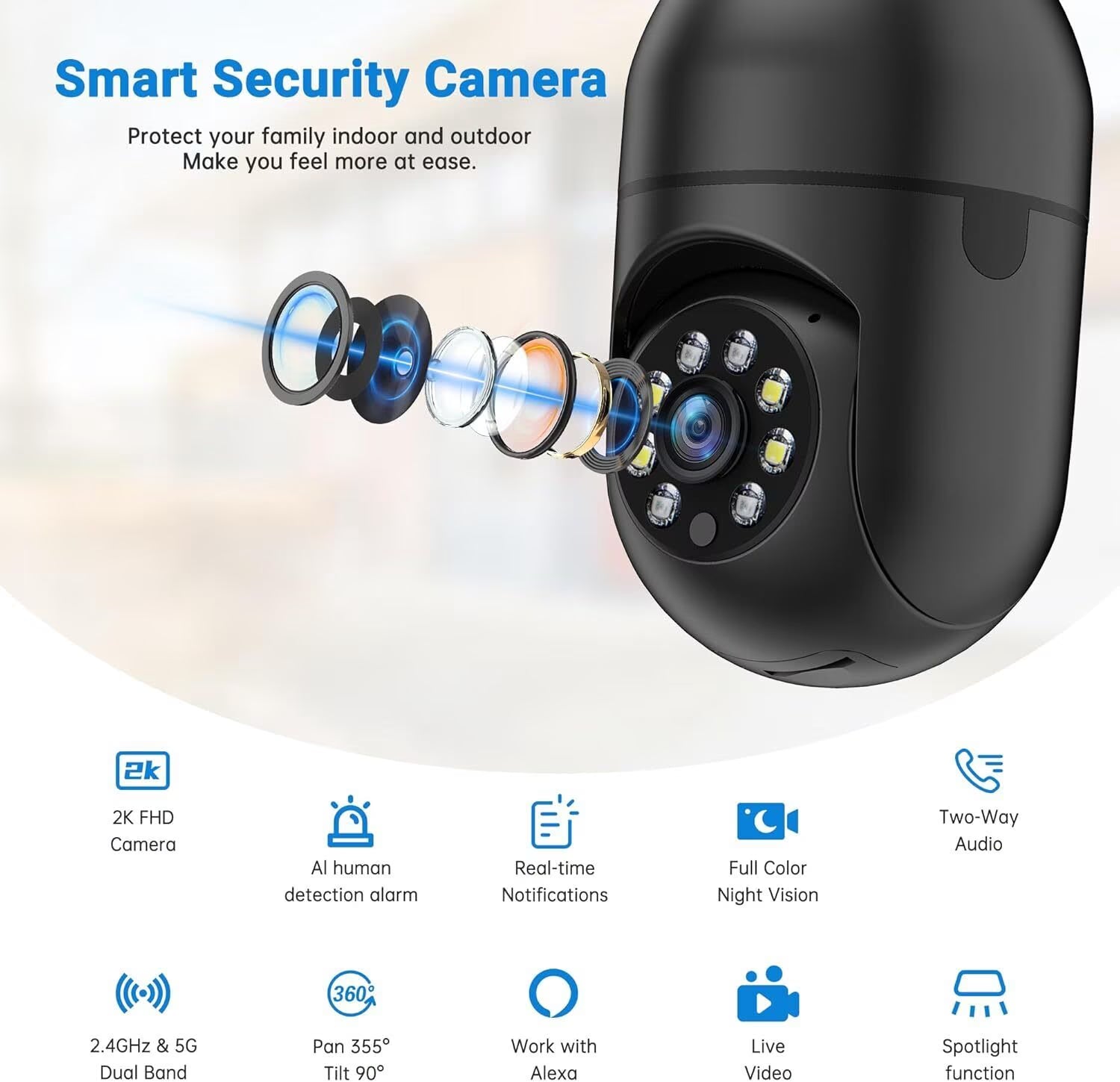 2PCS Light Bulb Security Camera -5G& 2.4Ghz Wifi 2K Security Cameras, Wireless Outdoor Motion Detection and Alarm, Two-Way Talk, Color Night Vision, Human Detection