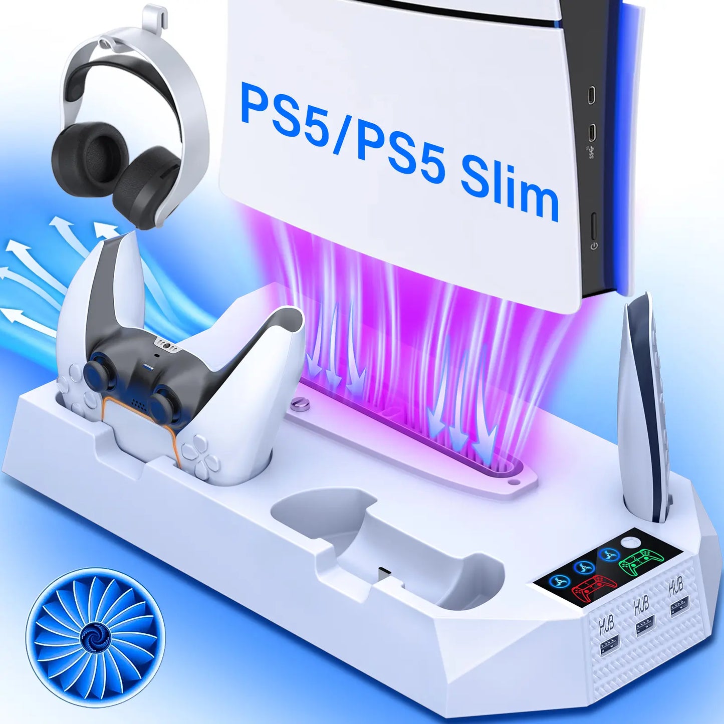 Cooling Station for Ps5/Slim Disc Digital Console,Ps5 Cooling Fan with Dual PS5 Controller Charger,3 Level Fan,For Playstation 5 Console Accessories White