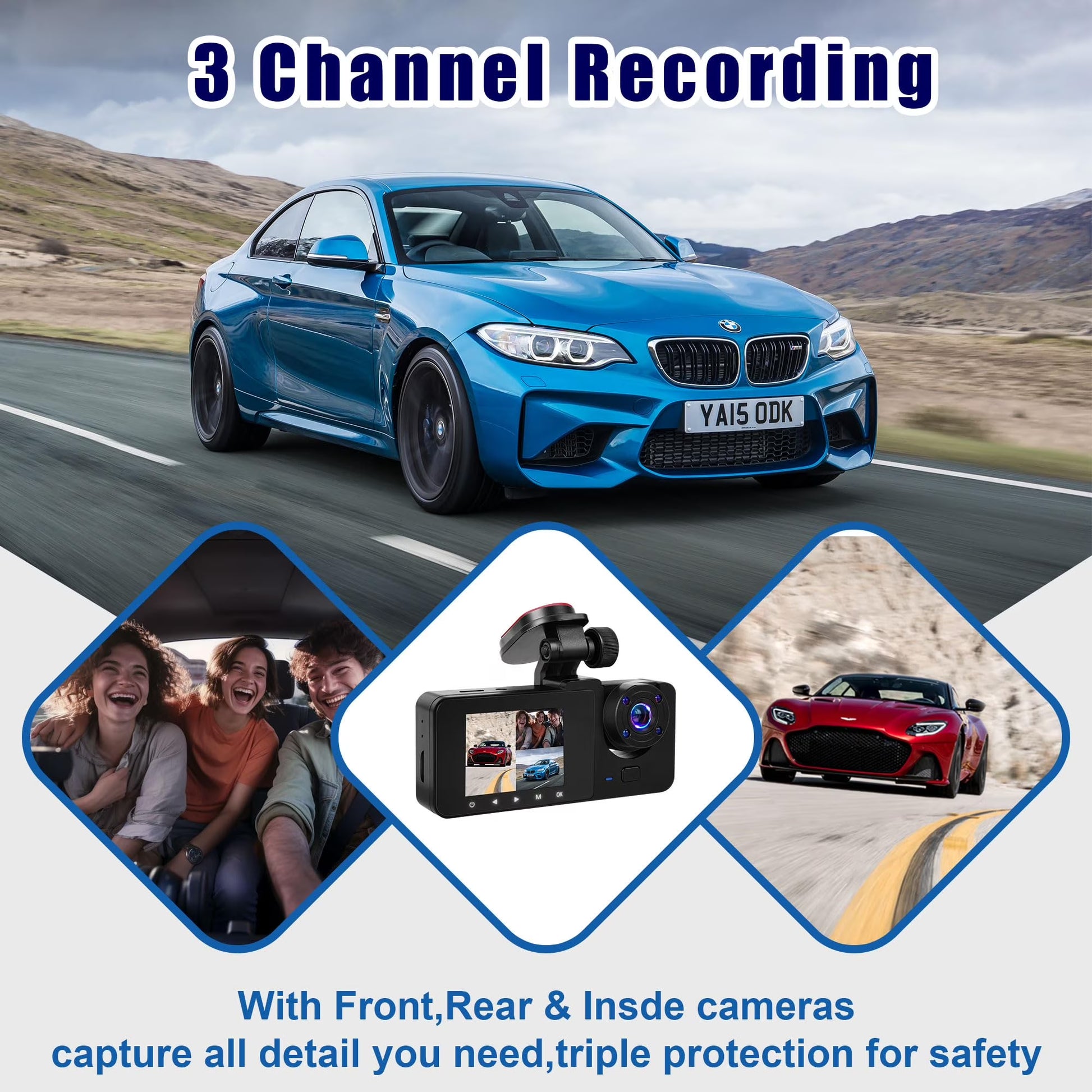 3 Channel Dash Cam, 4K+1080P Front/Rear/Inside Triple Car Camera with 32GB Card, Built-In G-Sensor & 2’’ IPS Display for Vehicles