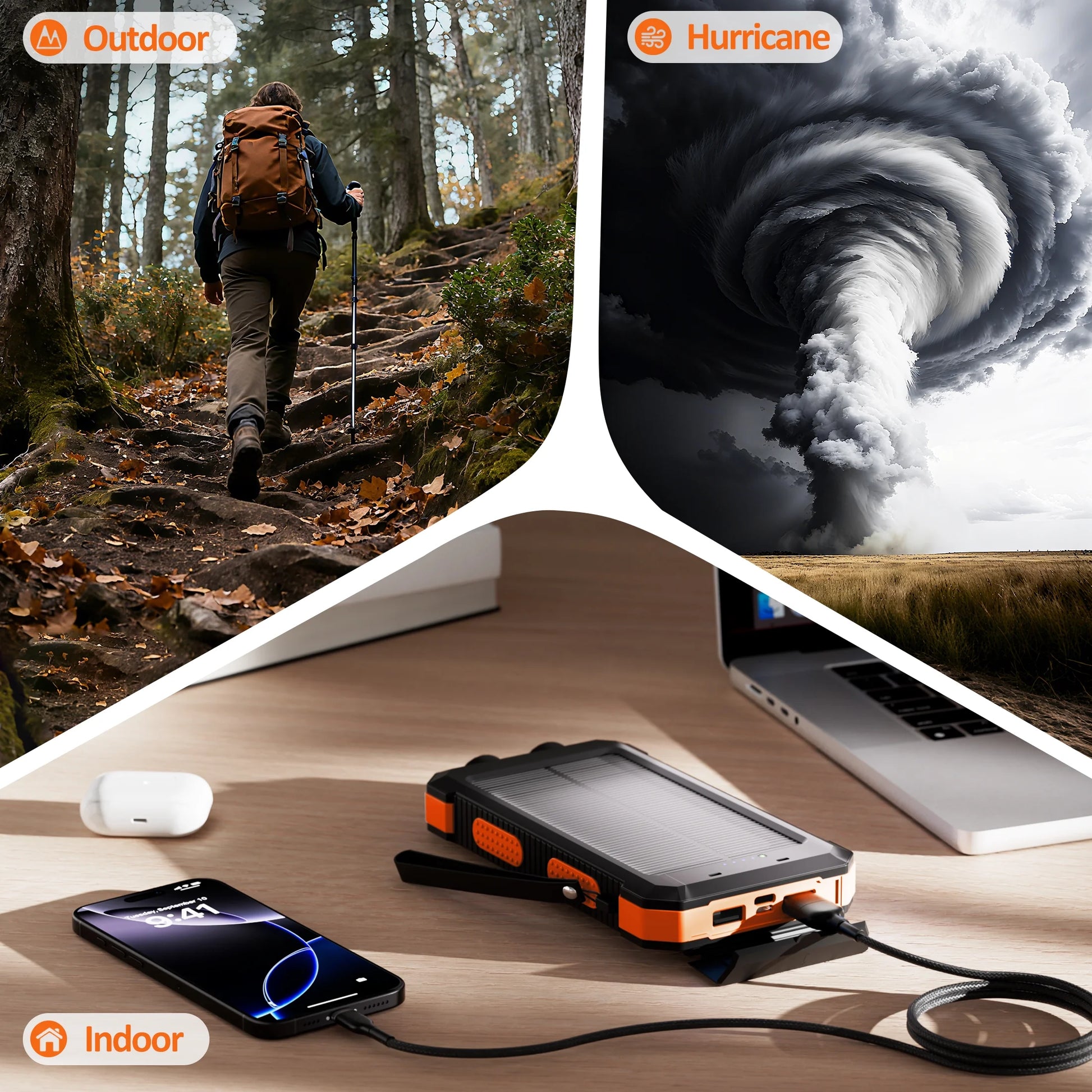 30000Mah Solar Power Bank, Portable Charger for Outdoor Camping Hiking, 12W USB Charging, Orange