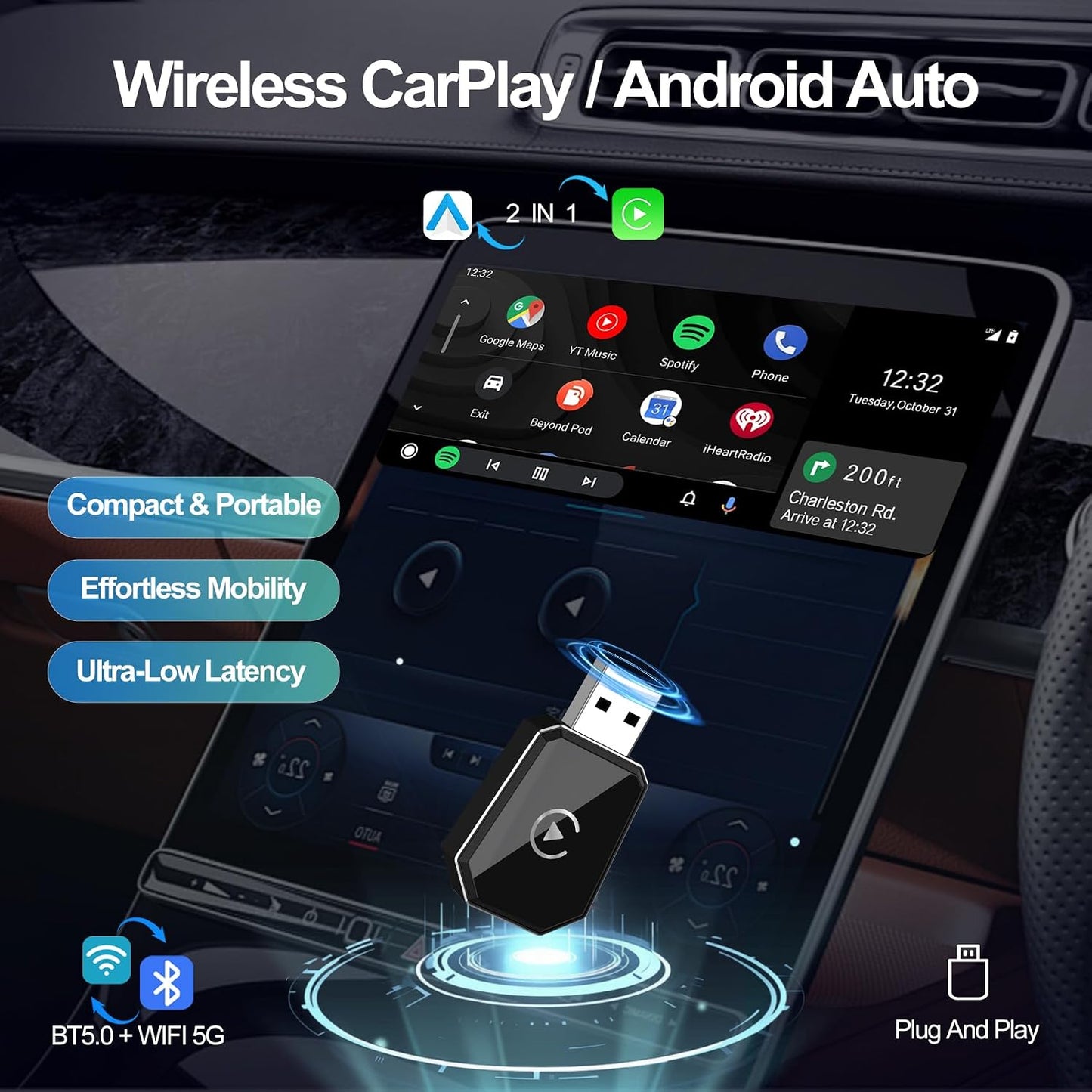 Wireless Carplay Adapter, Android Auto Adapter Plug and Play 2025 Carplay, Convert Wired to Wireless Supports Car Original Control, Mini Car Play Box for Cars