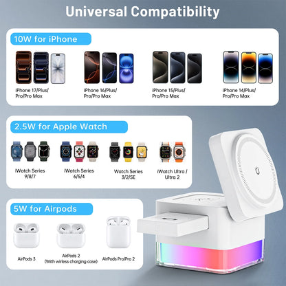 Iphone Wireless Charger,  3 in 1 Cube Wireless Charger Stand, 15W Fast Charging Station, Foldable Wireless Charger for Iphone 16/15/14/13/12 Pro Max, Iwatch S2-10/Ultra, Airpods 2/3/4/Pro