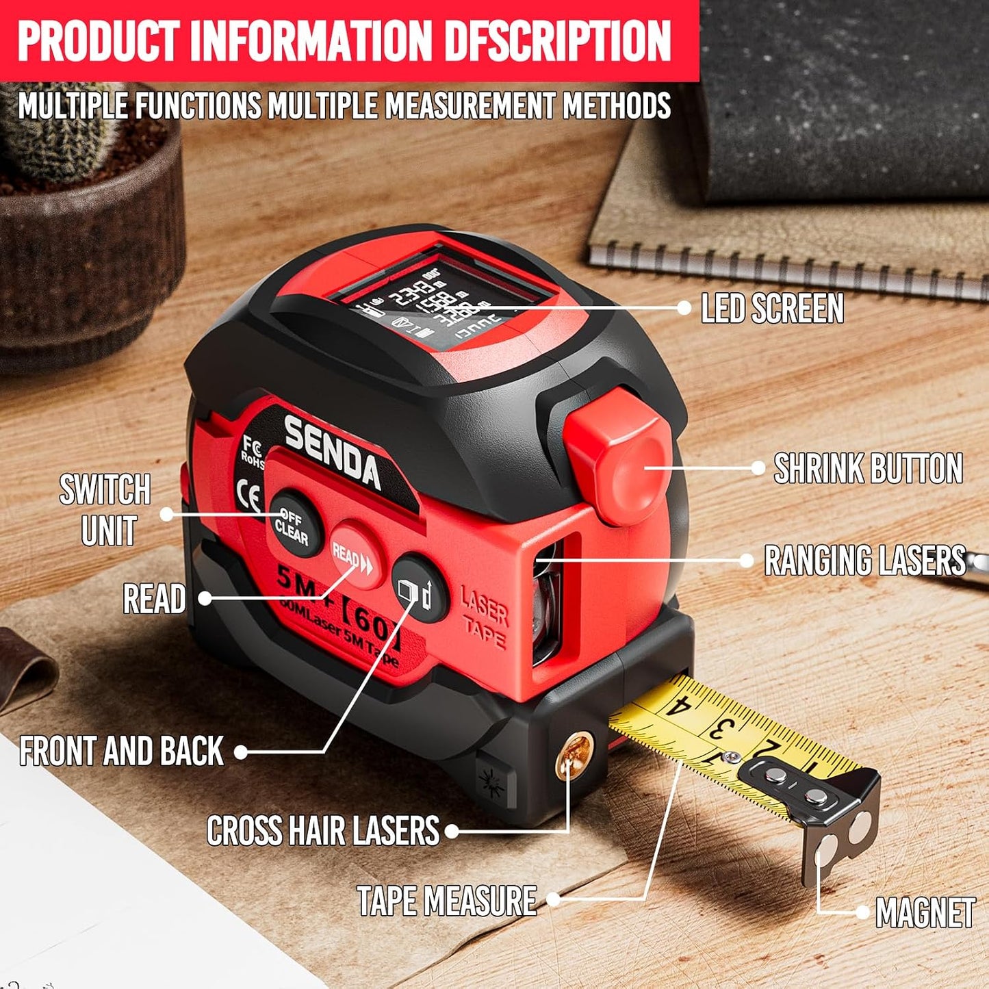 3-In-1 Laser Tape Measure - 197Ft Digital Measuring Tape with Led Display&16Ft Measuring Tool with Magnetic Hook & Auto Lock - Pythagorean, Area, Volume, Ft/Ft+In/In/M Unit, AAA Battery*2, Red