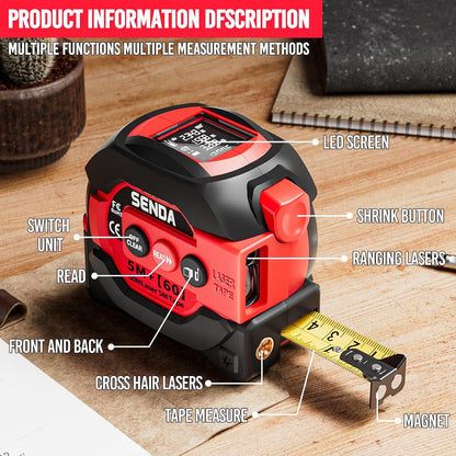 3-In-1 Laser Tape Measure - 197Ft Digital Measuring Tape with Led Display&16Ft Measuring Tool with Magnetic Hook & Auto Lock - Pythagorean, Area, Volume, Ft/Ft+In/In/M Unit, AAA Battery*2, Red