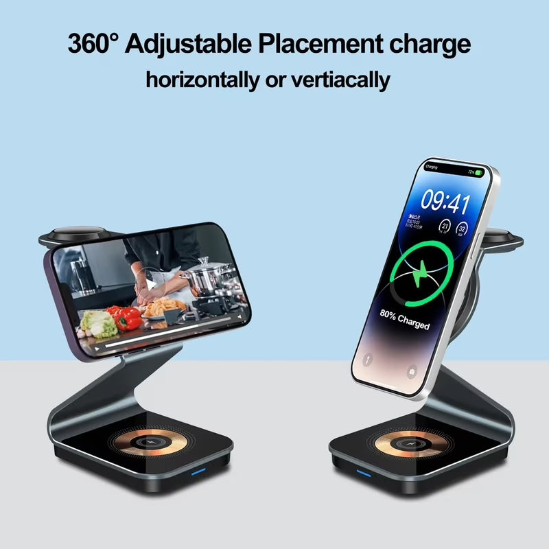 3 in 1 Wireless Charging Station Magnetic Aluminum Alloy Wireless Charger for Iphone 14/13/12 Series Fast Charging Stand
