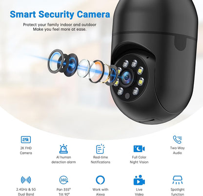 Light Bulb Security Camera -5G& 2.4Ghz Wifi 2K Security Cameras, Wireless Outdoor Motion Detection and Alarm, Two-Way Talk, Color Night Vision, Human Detection