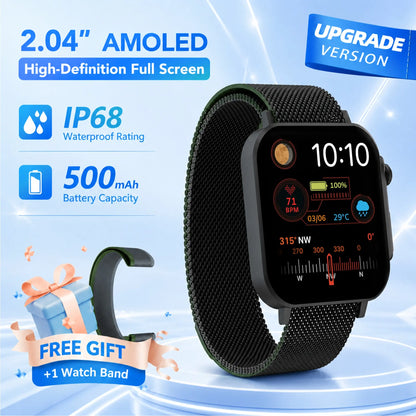 2.04" AMOLED Smart Watch – IP68 Waterproof, Bluetooth Calling, Fitness Tracker + Free Magnetic Mesh Steel Band
