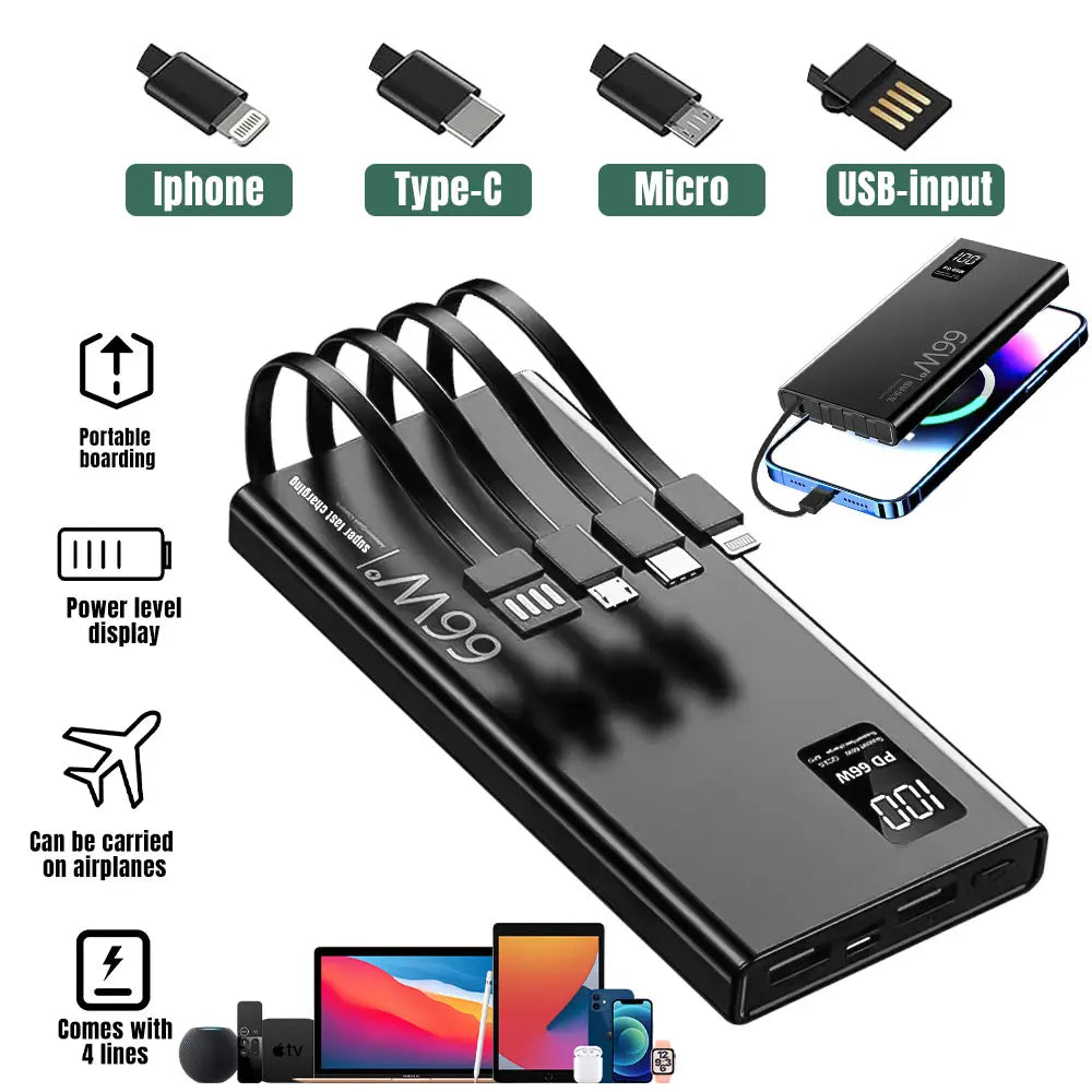 20000Mah 66W Fast Charging Power Bank PD 20W Portable Charger for Iphone Samsung Android - Black