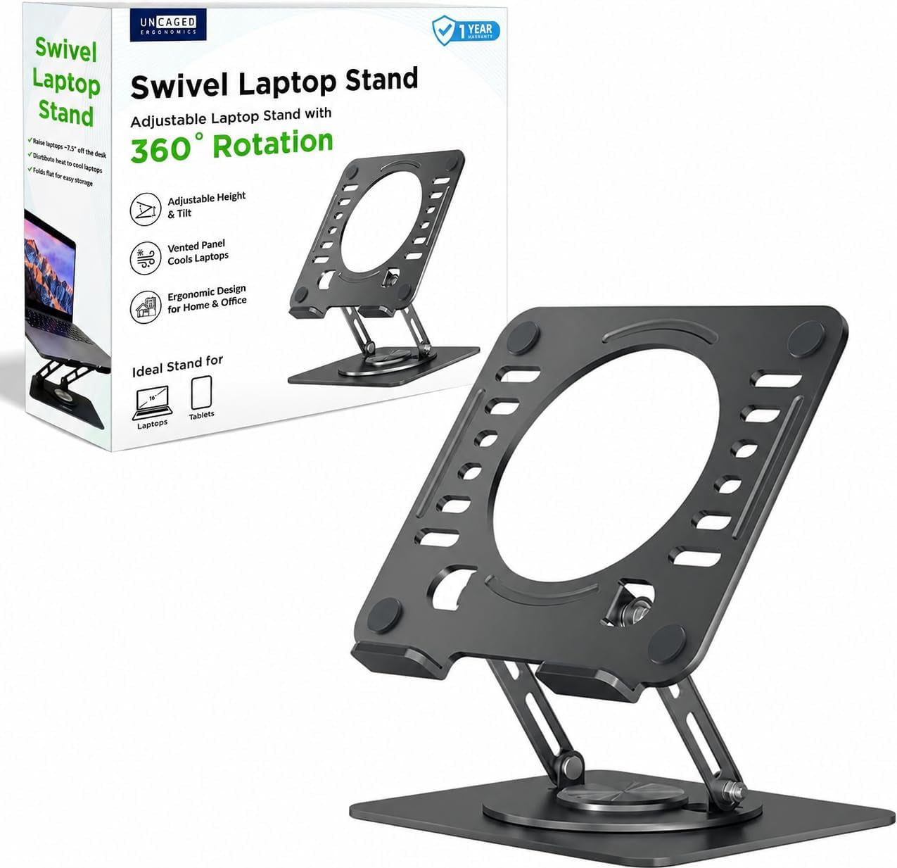 Swivel Laptop Stand for Desk, Adjustable Computer Ipad Stand for Desk W/ 360 Rotation, Portable Laptop Holder for Home Office Ergonomic Supplies