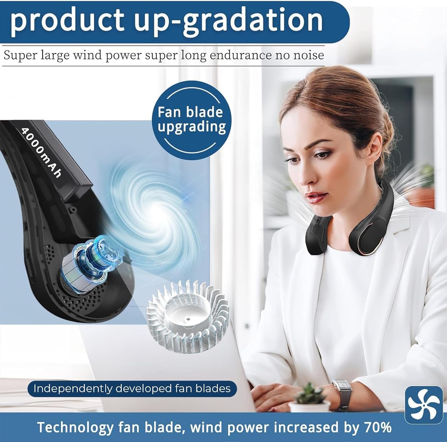 Neck Fan, Bladeless Neck Fan, 4000 Mah Rechargeable Personal Fan, 360° Hands Free Wearable Fan, 3 Speeds Adjustable,Faster Cooling, Ultra Quiet, Suitable for Home, Office, Travel, Sports