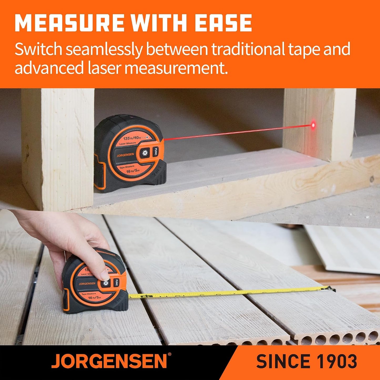 2-In-1 Laser Tape Measure, 135Ft Measuring Laser &16Ft Tape | 16 Ft Tape + 135 Ft Laser;2-In-1 Measurement;Backlit LCD Display;6 Measurement Modes;Magnetic Hook Design