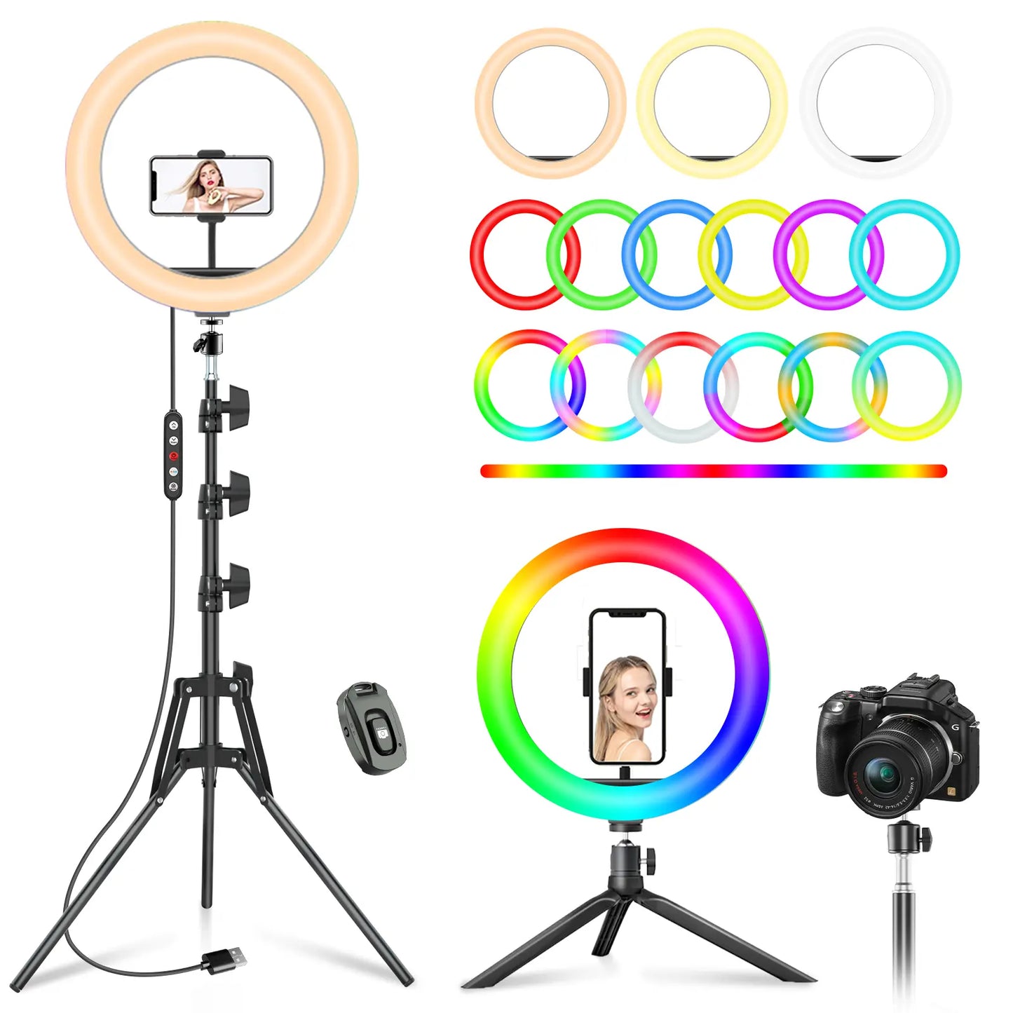 12" Ring Light with with 73" Tripod Stand and Phone Holder Kit,Full-Screen Zoom Lighting for Video Recording, Makeup, Live Stream, Dimmable LED Selfie Ring Light Tripod for Iphone with Remote