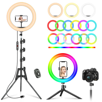12" Ring Light with with 73" Tripod Stand and Phone Holder Kit,Full-Screen Zoom Lighting for Video Recording, Makeup, Live Stream, Dimmable LED Selfie Ring Light Tripod for Iphone with Remote