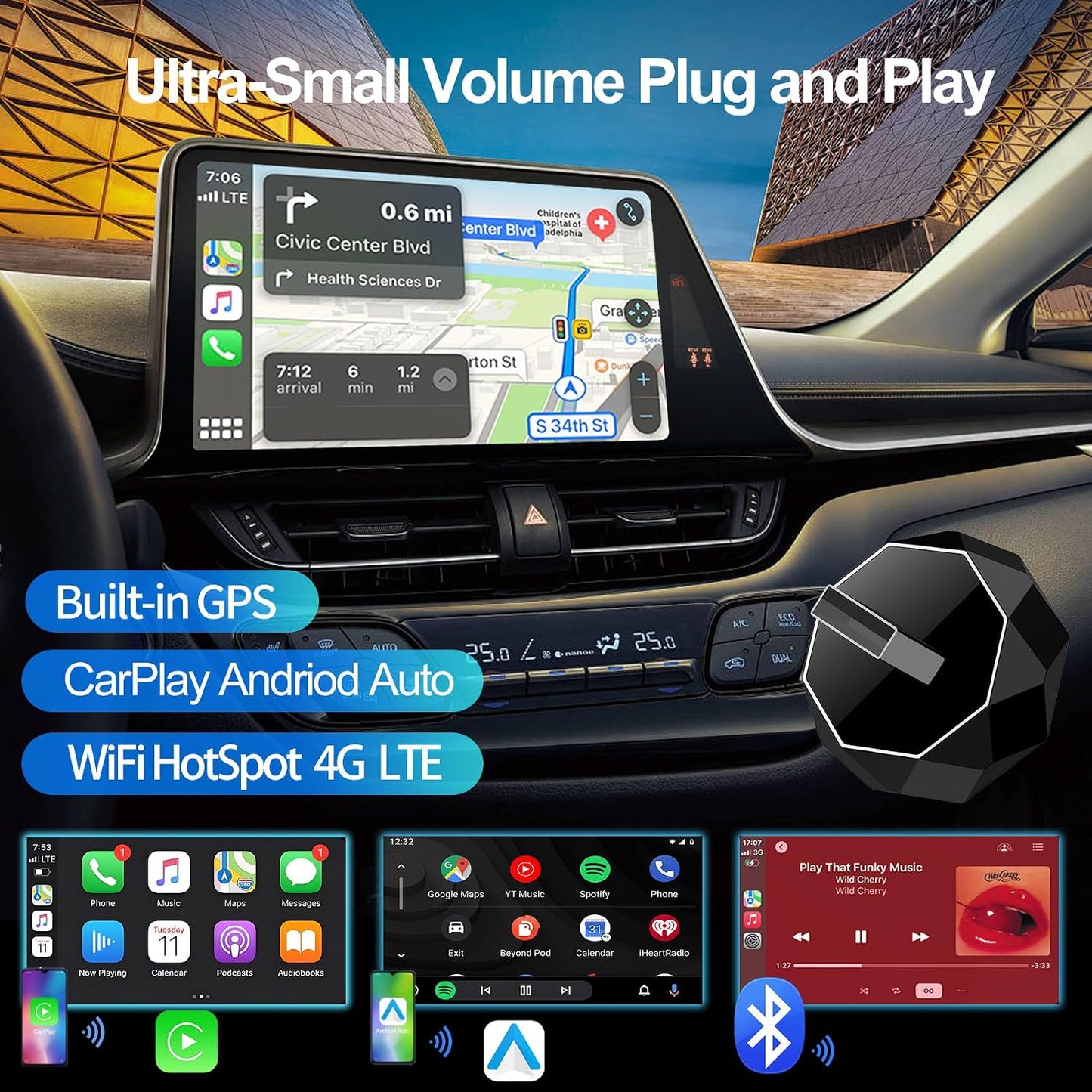 Wireless Carplay Adapter, Android Auto Adapter 2025 Carplay, Plug and Play Convert Wired to Wireless Supports Car Original Control, Mini Car Play Box for Cars