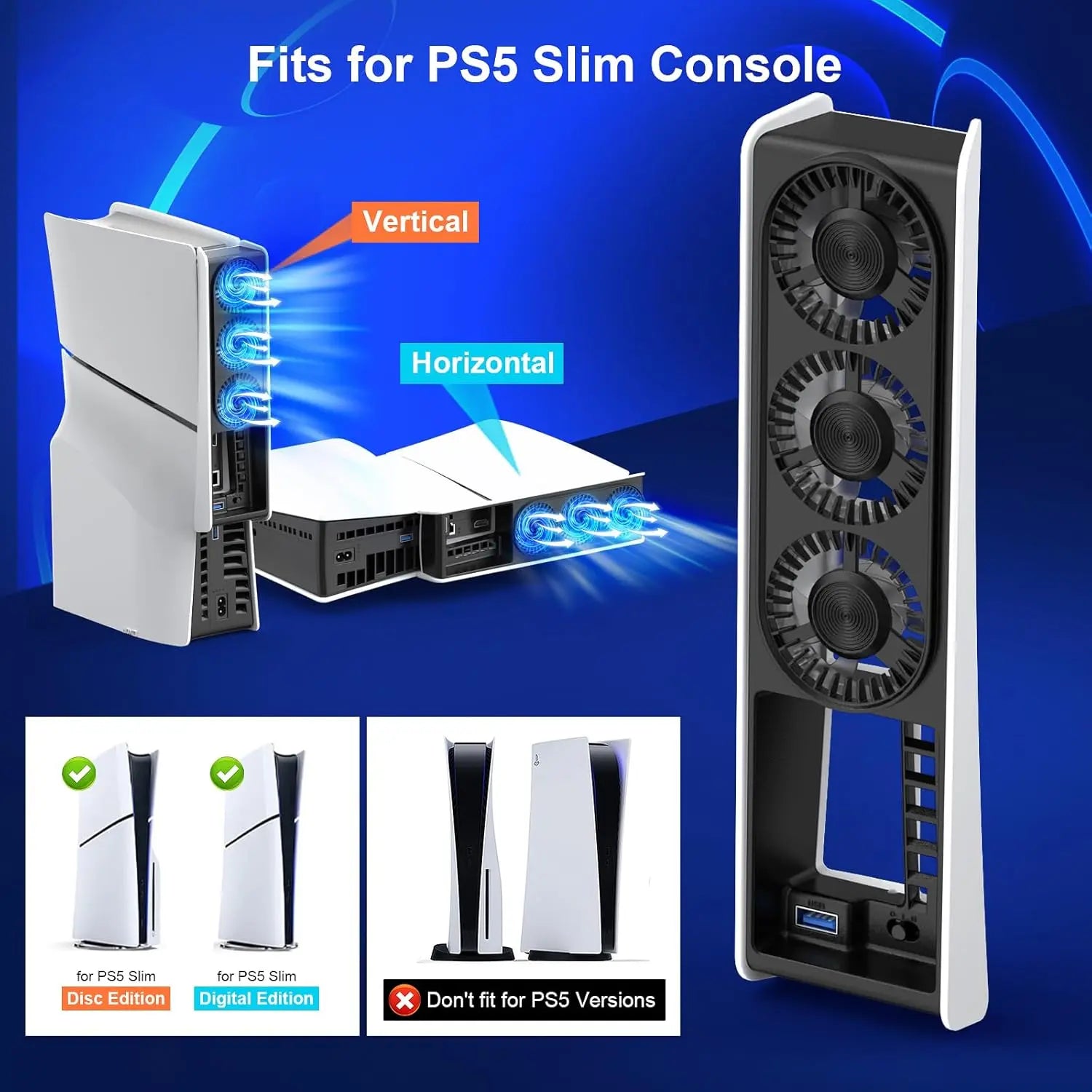 Huijukeji Cooling Fan for PS5 Slim Console, Auto Power On/Off Cooler Fan Accessorie with 2 Speed Fans USB 3.0 Port for Playstation 5 Slim Digital & Discs Edition(Not for PS5/PS5 Pro)