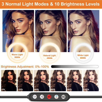 12" Ring Light with with 73" Tripod Stand and Phone Holder Kit,Full-Screen Zoom Lighting for Video Recording, Makeup, Live Stream, Dimmable LED Selfie Ring Light Tripod for Iphone with Remote