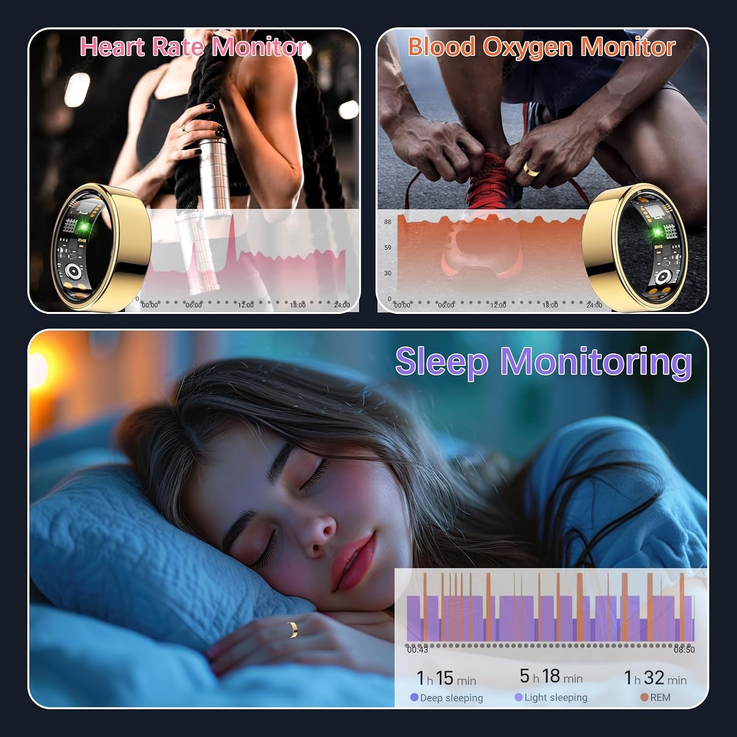 Smart Rings for Women Men, Fitness Ring with Heart Rate, Blood Oxygen, HRV, Stress, Sleep Tracker, Step Tracker, No Subscription Fee, Lp68 Waterproof Smart Ring for Iphone & Android (Gold 9#