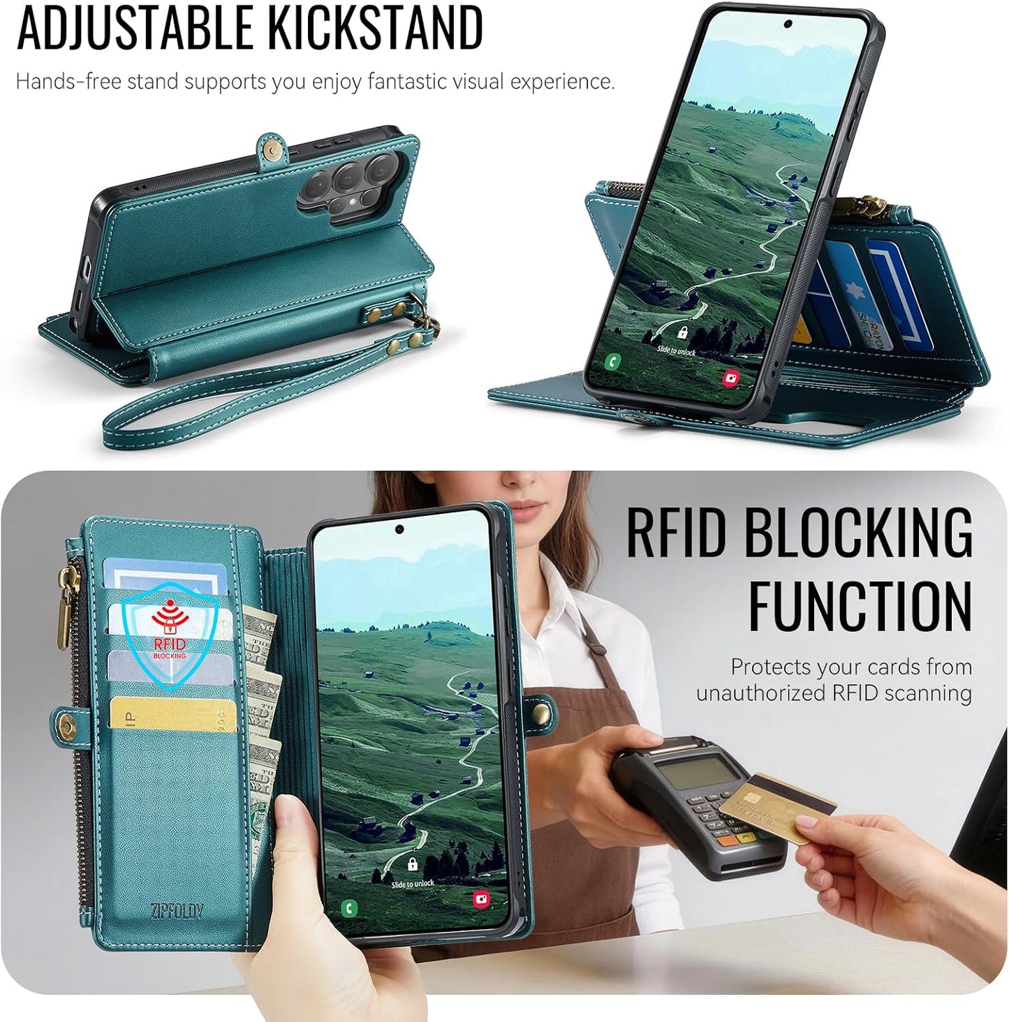 For Galaxy S26 Ultra - Phone Case Wallet Magnetic, Turquoise | Detached for Magsafe, RFID Blocking Card Holder, Zipper, Wrist Strap, for Women Men, PU Leather, for Samsung Galaxy S26 Ultra