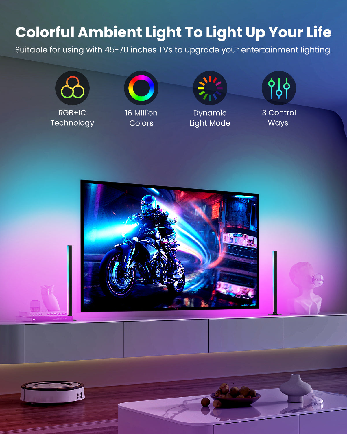 Smart LED Light Bars 2 Pack, 15" Portable TV Monitor Backlight, Gaming Ambient Lighting, RGBIC Color-Changing Mood Light, App & Voice Control, 44 Scene Modes, Music Sync, 16 Million Colors