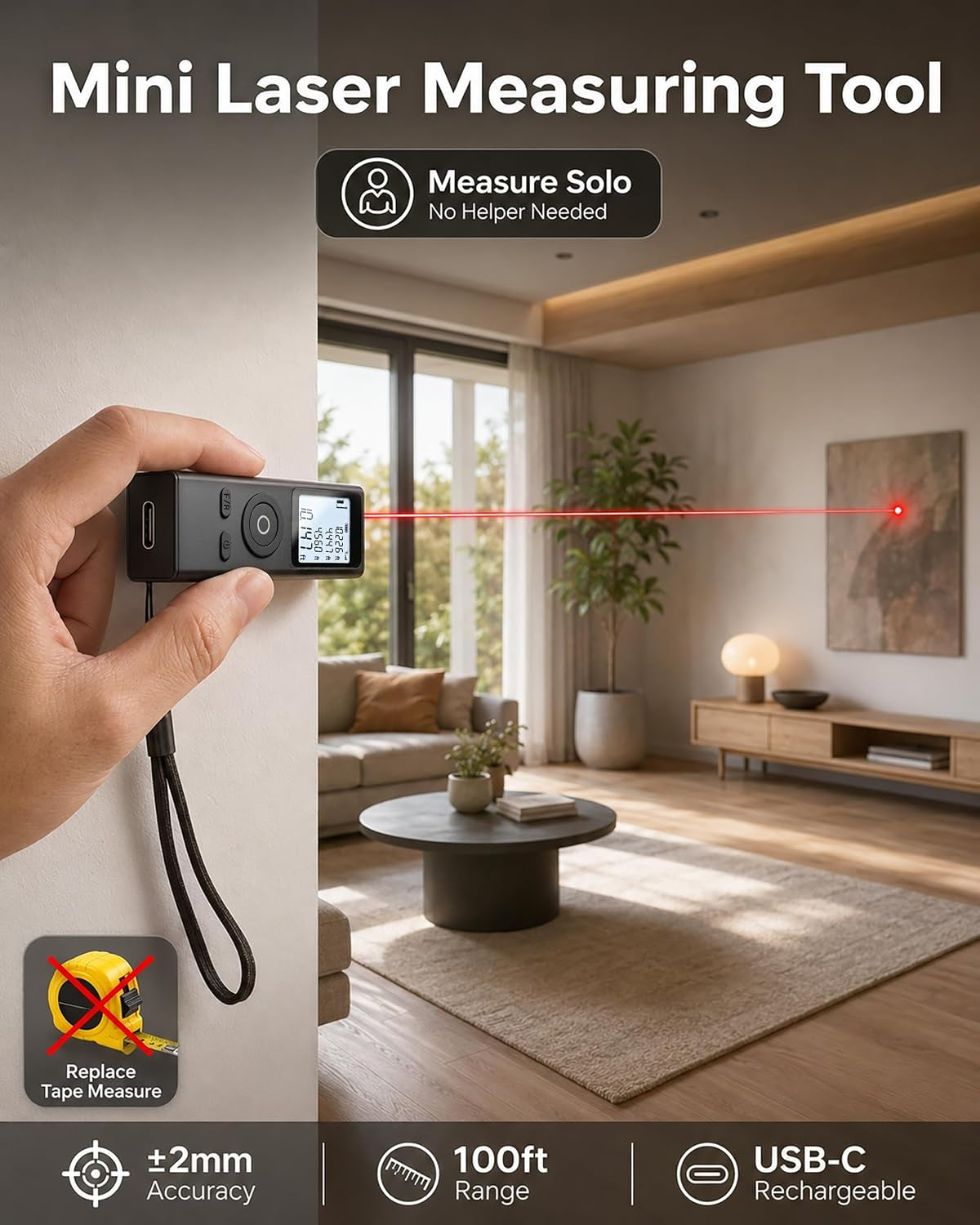 Ray Mini Laser Measuring Tool, Pocket Size Laser Tape Measure | 2.7In 1Oz, Keychain Digital Tape Measure, ±2Mm 100Ft Range, IN/FT/M, No App, Metal Body, Backlit Display, USB-C, Great Gift