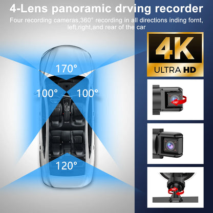 4 Channel Dash Cam,4K 360 Full View Front Rear Left Right Car Camera, 2.4Ghz Wifi App, Night Vision, G-Sensor, Loop Recording, 64GB Card