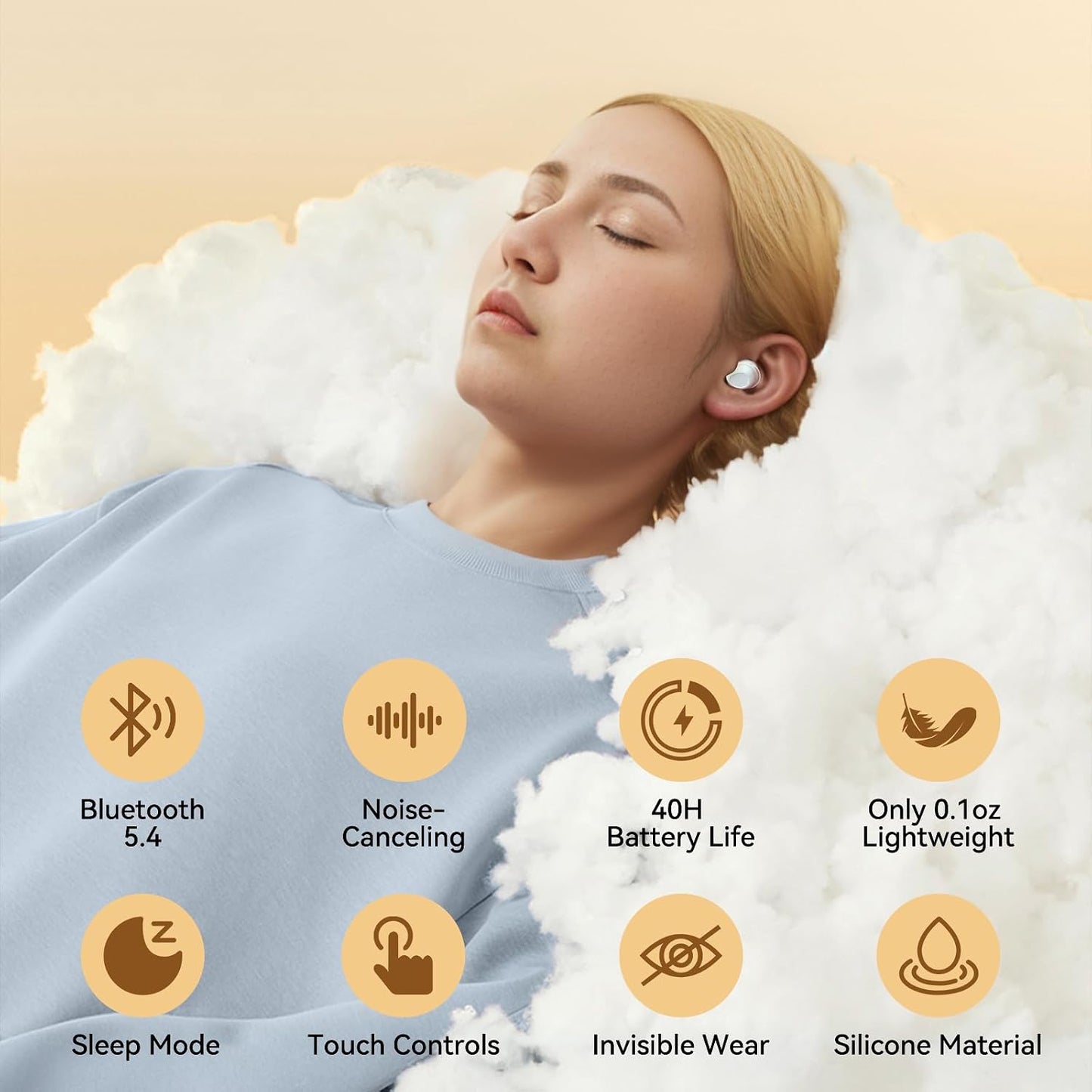 Sleep Earbuds, Sleep Headphones for Side Sleepers, Mini Bluetooth 5.4 Wireless Earbuds, Ultra-Soft Silicone Invisible Earphones for Sleeping, Noise Cancelling Earbuds with Long Battery Life (White)