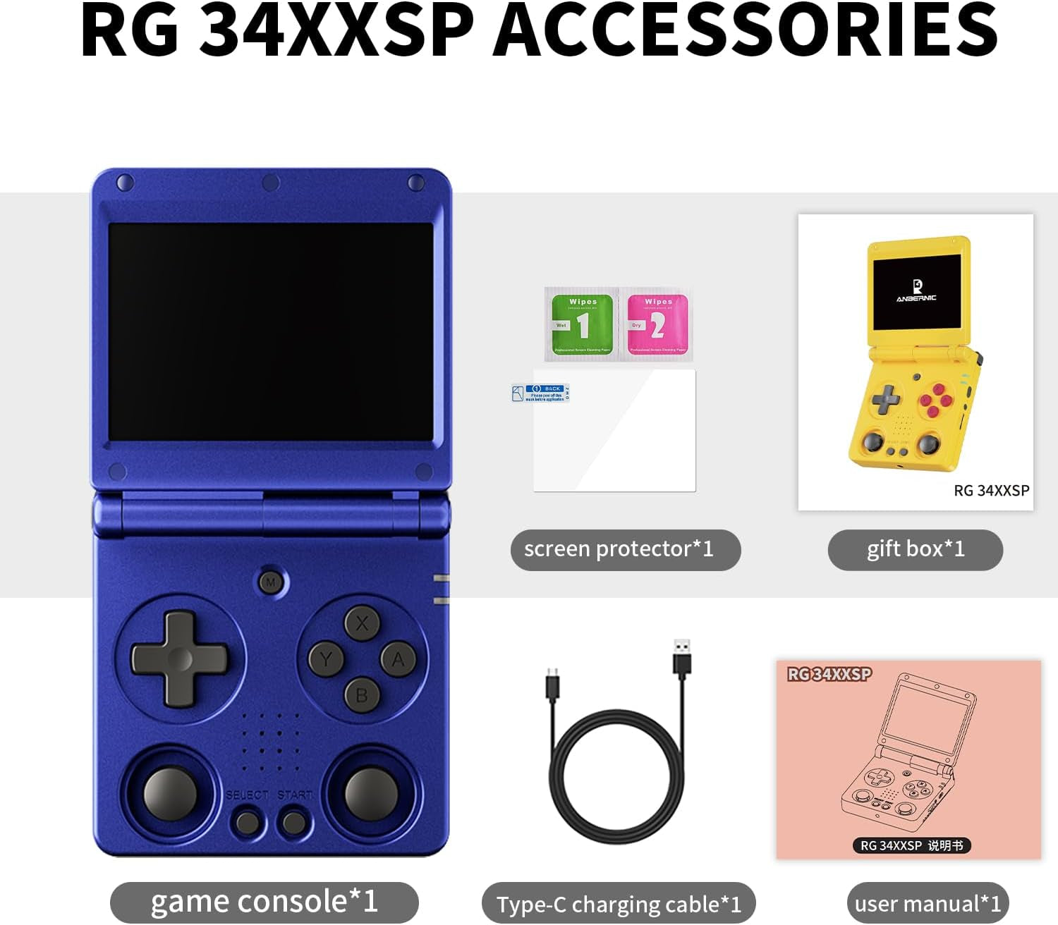 Anbernic RG34XXSP Retro Handheld Game Console Linux 3.4 Inch IPS Screen 720*480 5000+ Classic Games 64G Card RG 34XXSP 3300Mah Battery Compatible with Wifi HDMI Bluetooth Blue