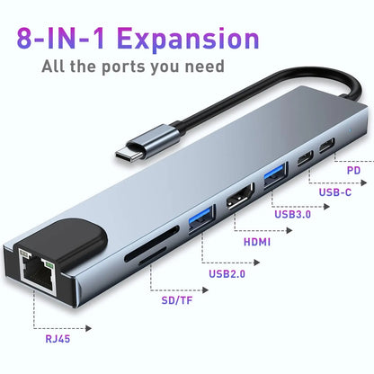 USB C Hub Docking Station 8-In-1 USB Extender with 4 USB Ports, TF/SD Card Reader, 3.5Mm Audio Jack & USB C Port, Dual USB-A/C Input for Macbook/Ipad/Pc/Laptops, Computer Accessories #Summervibes