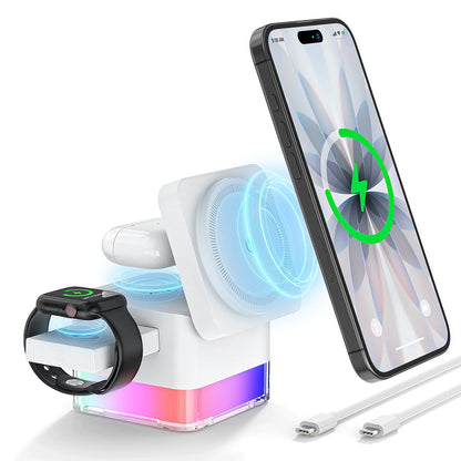 Iphone Wireless Charger,  3 in 1 Cube Wireless Charger Stand, 15W Fast Charging Station, Foldable Wireless Charger for Iphone 16/15/14/13/12 Pro Max, Iwatch S2-10/Ultra, Airpods 2/3/4/Pro