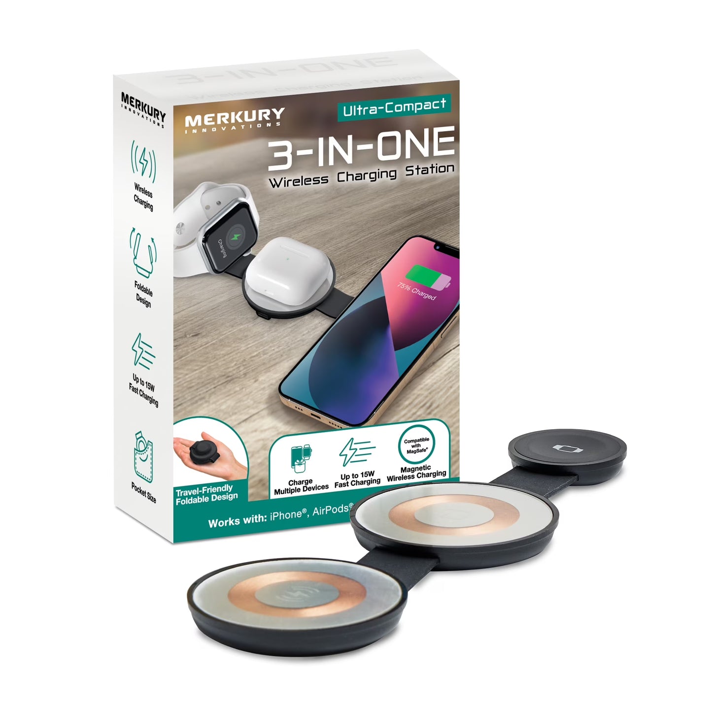 3-In-1 Wireless Charging Station, Fast Magnetic Charger for Iphone, Airpods & Apple Watch, Portable Design