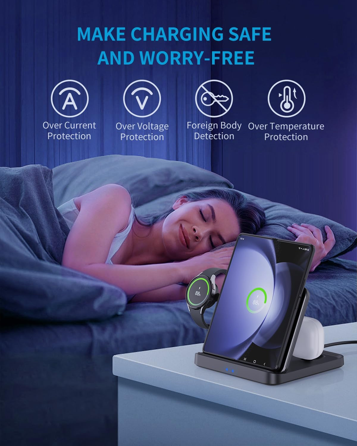 3 in 1 Foldable Wireless Charging Station for Galaxy Z Fold &Z Flip | 3-In-1 Foldable Fast Charging Dock Compatible with Galaxy Z Fold 7,6,5,4, Flip6,5,Watch6,6 Classic,Galaxy Buds 2,Pro,Live