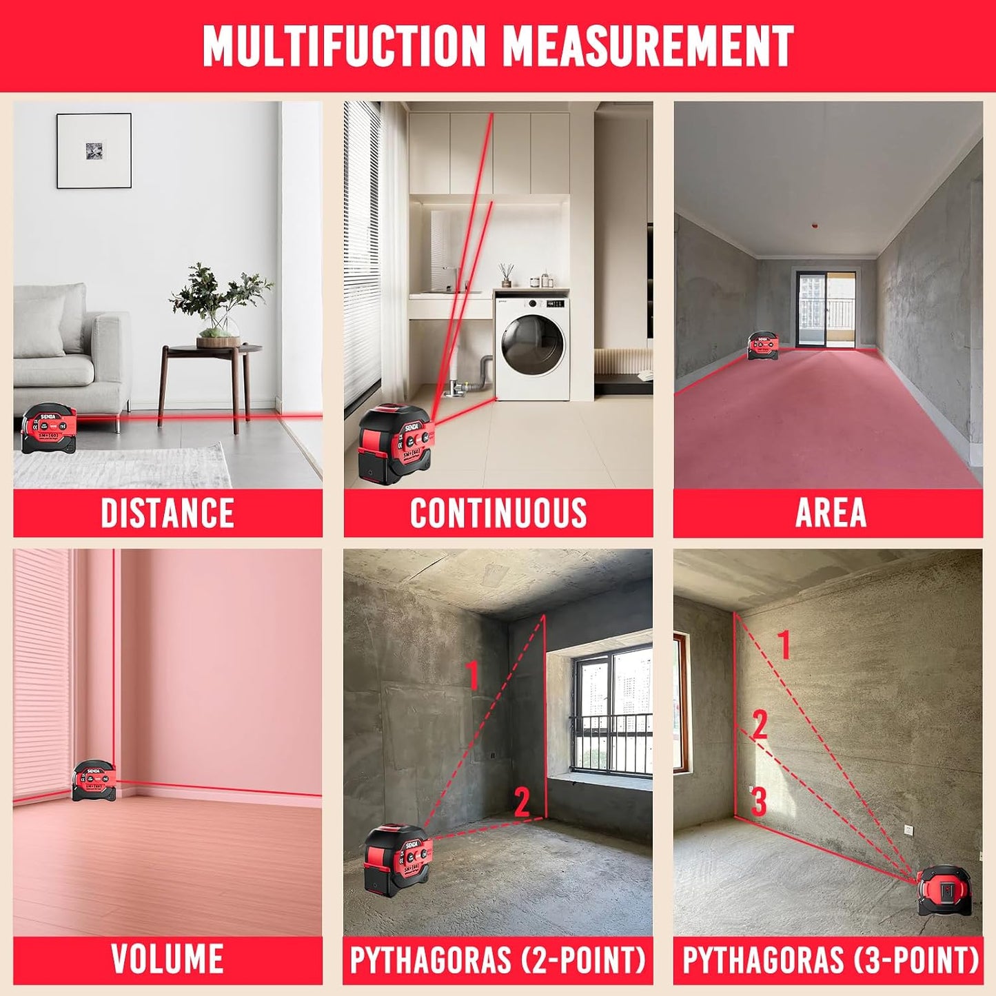 3-In-1 Laser Tape Measure - 197Ft Digital Measuring Tape with Led Display&16Ft Measuring Tool with Magnetic Hook & Auto Lock - Pythagorean, Area, Volume, Ft/Ft+In/In/M Unit, AAA Battery*2, Red