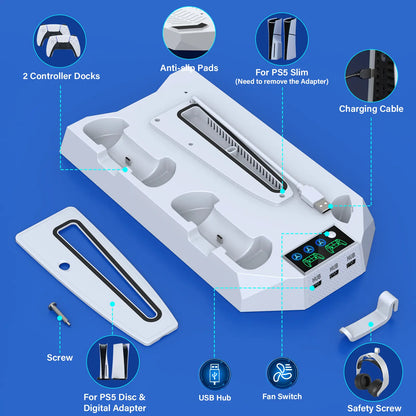 Cooling Station for Ps5/Slim Disc Digital Console,Ps5 Cooling Fan with Dual PS5 Controller Charger,3 Level Fan,For Playstation 5 Console Accessories White