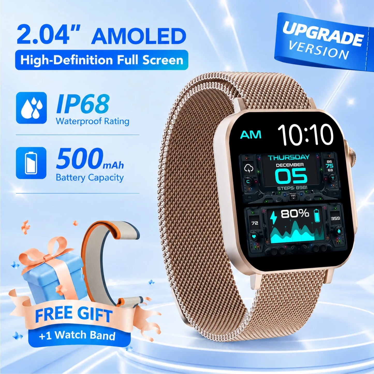 2.04" AMOLED Smart Watch – IP68 Waterproof, Bluetooth Calling, Fitness Tracker + Free Magnetic Mesh Steel Band