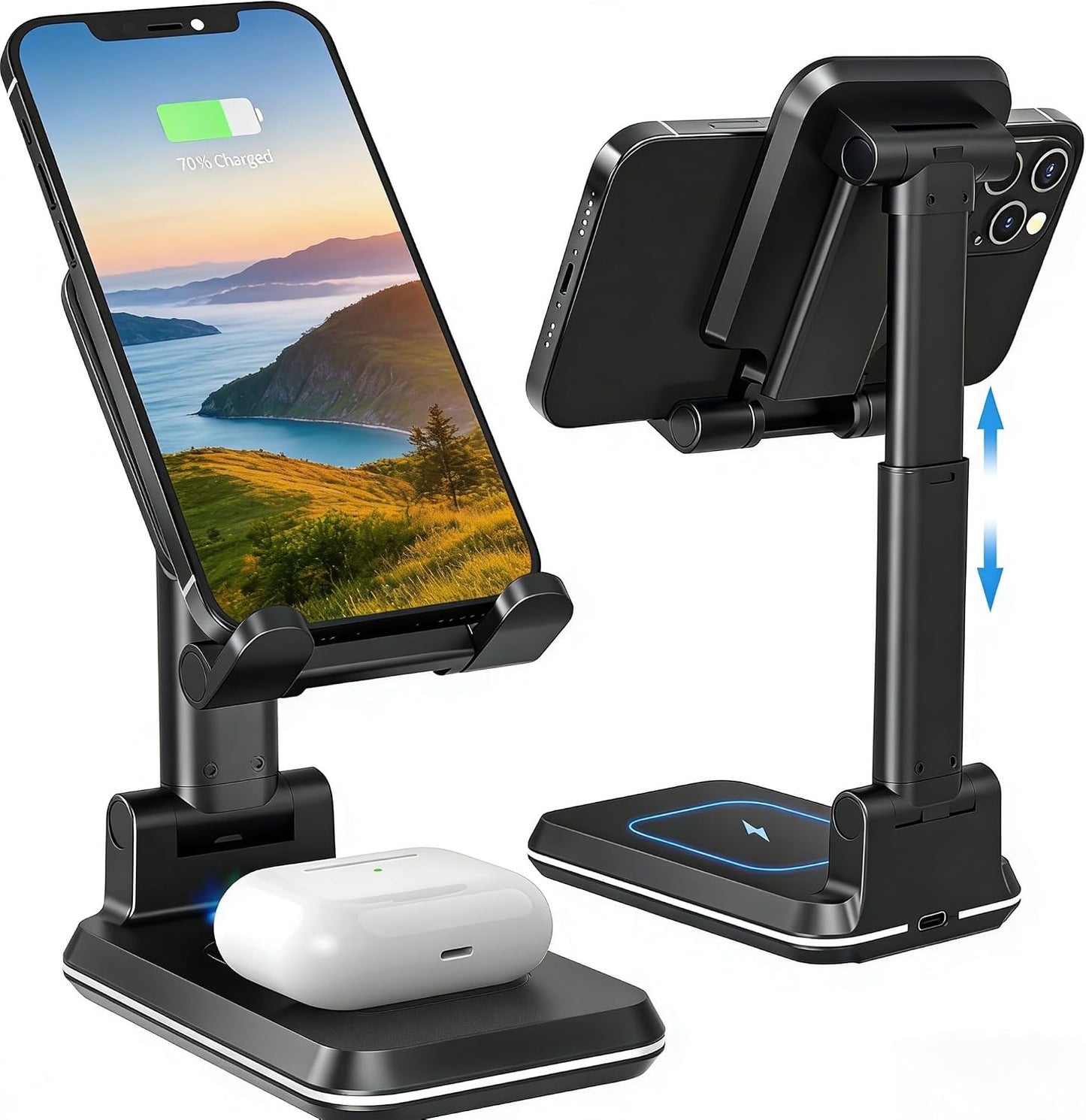 Wireless Charger, 2 in 1 Wireless Charging Station, Phone Charger Stand Phone Holder for Desk Compatible with Iphone 17 16 15 14 13 12 Pro Max Plus, Airpods 4 3 2 Pro, Samsung S25 S24 S23 Note 20