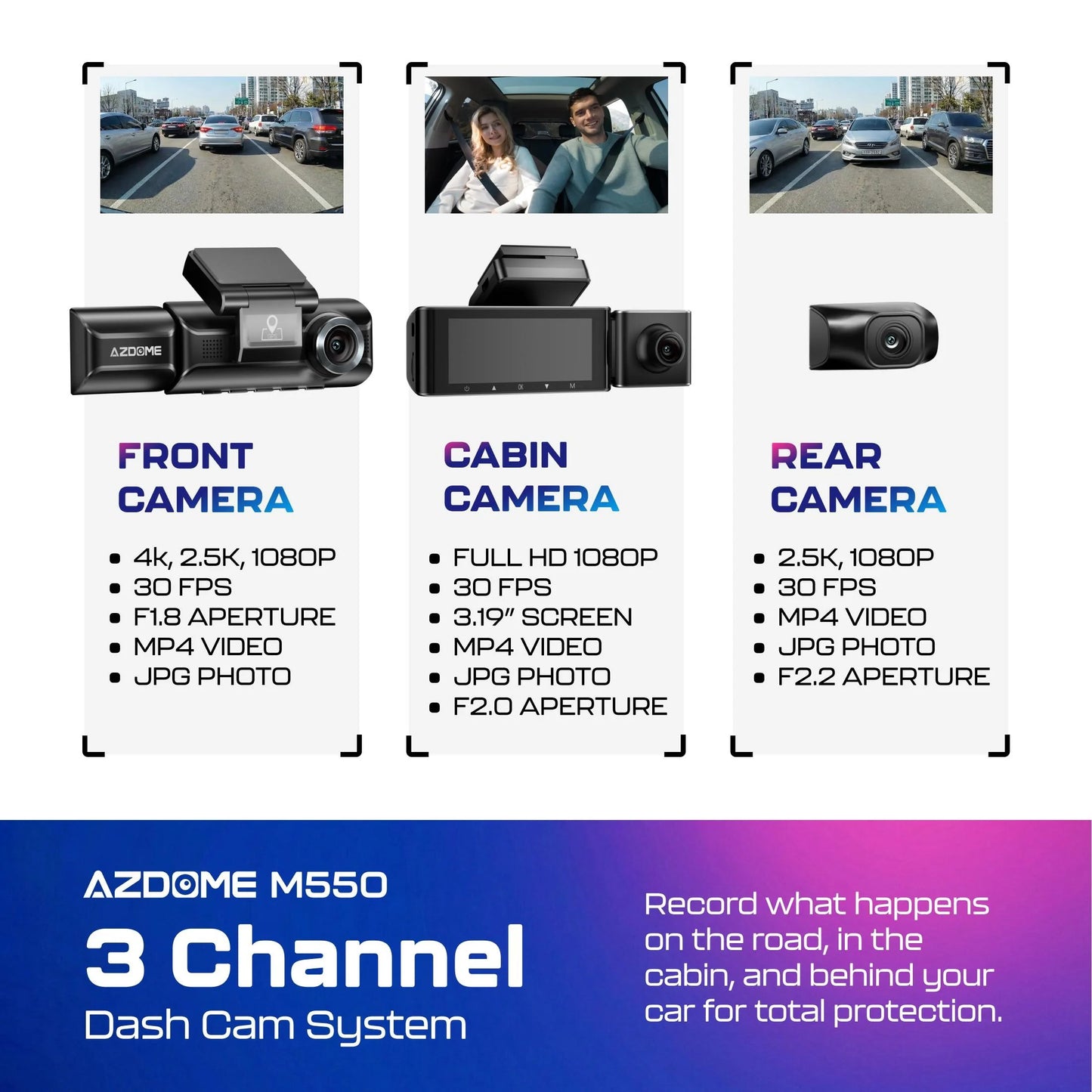 M550 3 Channel Dash Cam, 4K+2.5K Dual Dash Camera for Cars Built-In Wifi GPS, 1440P+1080P Front and Rear Inside, 64GB Card Included, 3.19" IPS Screen, WDR, IR Night Vision, Parking Mode