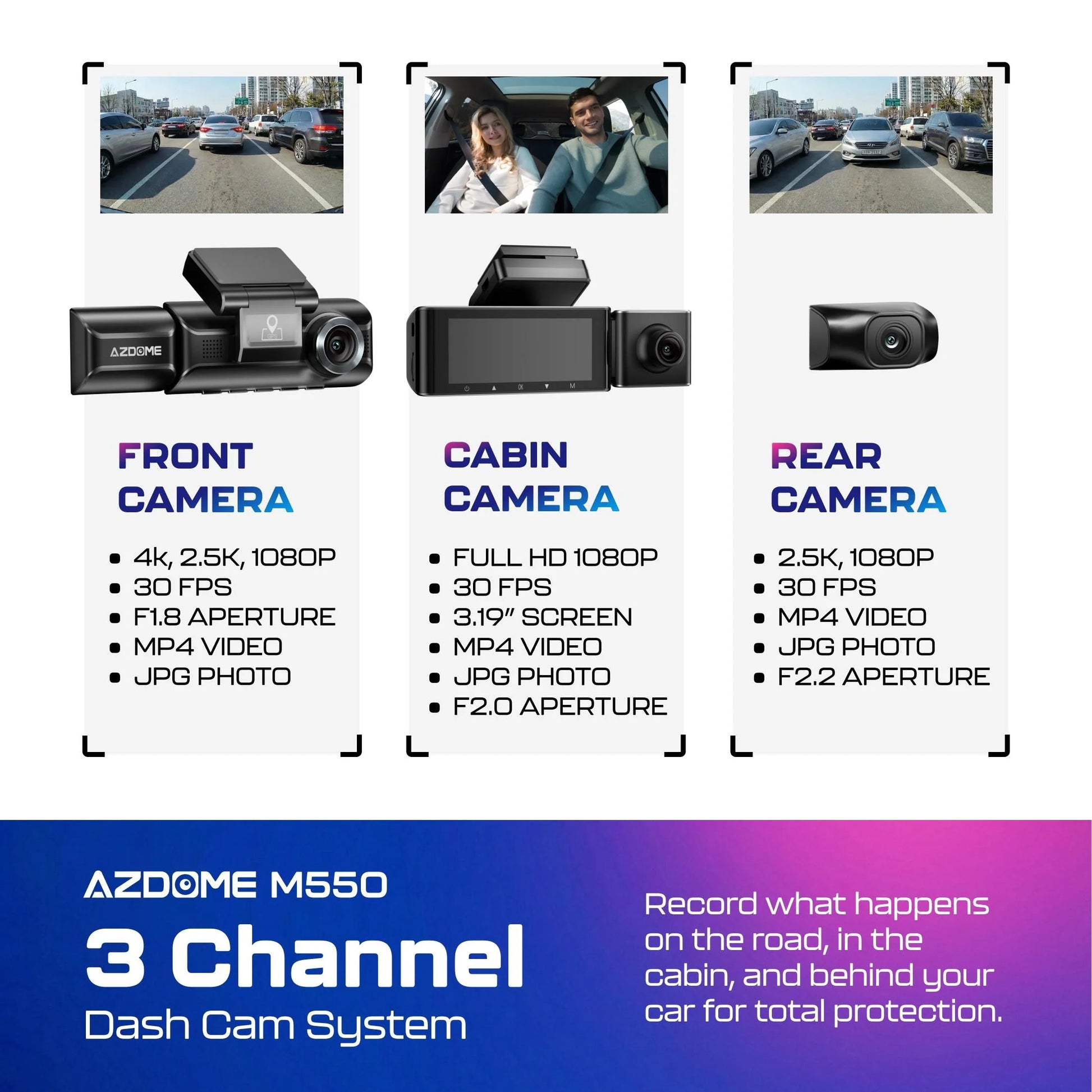 M550 3 Channel Dash Cam, 4K+2.5K Dual Dash Camera for Cars Built-In Wifi GPS, 1440P+1080P Front and Rear Inside, 64GB Card Included, 3.19" IPS Screen, WDR, IR Night Vision, Parking Mode