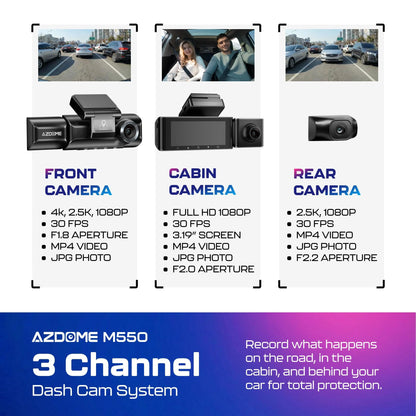 M550 3 Channel Dash Cam, 4K+2.5K Dual Dash Camera for Cars Built-In Wifi GPS, 1440P+1080P Front and Rear Inside, 64GB Card Included, 3.19" IPS Screen, WDR, IR Night Vision, Parking Mode